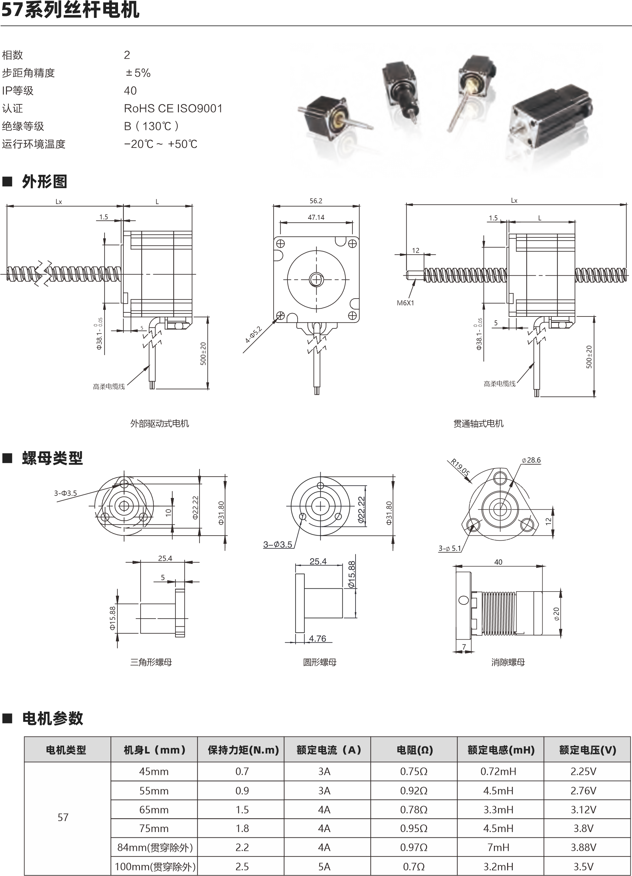 57系列絲桿電機(jī) 57系列絲桿電機(jī) 動(dòng)態(tài)推力曲線圖 外形圖  相數(shù) 步距角精度 IP等級(jí)  認(rèn)證 絕緣等級(jí) 運(yùn)行環(huán)境溫度 2 ±5％ 40 RoHS CE ISO9001 B（130℃） -20℃～ +50℃ 螺母類型 電機(jī)參數(shù) 57 45mm 0.7 3A 0.75Ω 0.72mH 2.25V 3A 0.92Ω 4.5mH 2.76V 4A 0.78Ω 3.3mH 3.12V 電機(jī)類型 機(jī)身L（mm） 保持力矩(N.m) 額定電流（A） 電阻(Ω) 額定電感(mH) 額定電壓(V) 絲桿參數(shù) 0.375 0.635 0.025 0.003175 9.525 0.02-0.03mm 0.375 1.27 0.05 0.00635 9.525 0.02-0.03mm 0.375 1.5875 0.0625 0.0079375 9.525 0.02-0.03mm 0.375 2.1167 0.083 0.0105835 9.525 0.02-0.03mm 0.375 2.54 0.1 0.0127 9.525 0.02-0.03mm 0.375 3.175 0.125 0.015875 9.525 0.02-0.03mm 0.375 4.232 0.167 0.02116 9.525 0.02-0.03mm 0.375 5.08 0.2 0.0254 9.525 0.02-0.03mm 0.375 6.35 0.25 0.03175 9.525 0.02-0.03mm 0.375 9.525 0.375 0.047625 9.525 0.02-0.03mm 0.375 10.16 0.4 0.0508 9.525 0.02-0.03mm 0.375 12.7 0.5 0.0635 9.525 0.02-0.03mm 0.375 25.4 1 0.127 9.525 0.02-0.03mm 絲桿直徑(inch) 直徑(mm) 導(dǎo)程(mm) 導(dǎo)程(inch) 步長(zhǎng)1.8°(°) 螺母軸向間隙 55mm 0.9 65mm 1.5 75mm 1.8 4A 0.95Ω 4.5mH 3.8V 4A 0.97Ω 7mH 3.88V 5A 0.7Ω 3.2mH 3.5V 2.2 84mm(貫穿除外） 100mm(貫穿除外） 2.5 25.4 5 3-Φ3.5 三角形螺母 外部驅(qū)動(dòng)式電機(jī) 貫通軸式電機(jī) 57系列 45mm機(jī)身 速度與推力曲線 57系列 55mm機(jī)身 速度與推力曲線 脈沖pps 轉(zhuǎn)速rpm 200 60 400 120 600 180 800 240 1000 300 1200 360 1400 420 1600 480 1800 540 脈沖pps 轉(zhuǎn)速rpm 200 60 400 120 600 180 800 240 1000 300 1200 360 1400 420 1600 480 1800 540 1200 1000 800 600 400 200 0 1600 1400 1200 1000 800 600 400 200 0 1.27 2.54 5.08 10.16 25.4 1.27 2.54 5.08 10.16 25.4 1.5 Lx L 高柔電纜線 5 56.2 47.14 M6X1 Lx L 高柔電纜線 1.5 12 5 7 3- 5.1 28.6 40 圓形螺母 消隙螺母 57系列 75mm機(jī)身 速度與推力曲線 脈沖pps 轉(zhuǎn)速rpm 200 60 400 120 600 180 800 240 1000 300 1200 360 1400 420 1600 480 1800 540 2000 1600 1200 800 400 0 2.54 5.08 10.16 12.7 25.4 57系列 65mm機(jī)身 速度與推力曲線 脈沖pps 轉(zhuǎn)速rpm 200 60 400 120 600 180 800 240 1000 300 1200 360 1400 420 1600 480 1800 540 1600 1400 1200 1000 800 600 400 200 0 2.54 5.08 10.16 12.7 25.4 建議負(fù)載上限900N 建議負(fù)載上限900N 建議負(fù)載上限900N 建議負(fù)載上限900N 步進(jìn)直線傳動(dòng)產(chǎn)品制造商 Linear stepper motor provider 步進(jìn)直線傳動(dòng)產(chǎn)品制造商 Linear stepper motor provider 以上曲線是有雙極性 斬波恒流驅(qū)動(dòng) 100%工作電流40Vdc條件進(jìn)行測(cè)試。
